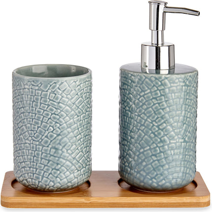 Set d'accessoires de salle de bain 3 pièces bleu-gris en relief en céramique - Distributeur de savon - Gobelet - Plateau