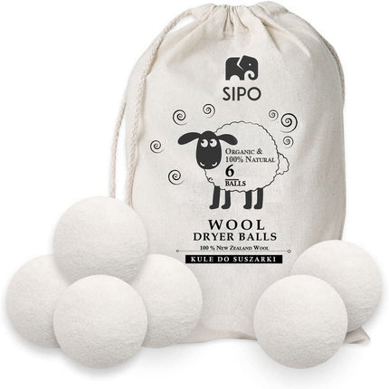 6x Boules de Séchage en Laine - 100% Laine Mérinos Biologique - Sac de Rangement Inclus - Adoucisseur de Tissu de Remplacement - Écologique & Économe en Énergie - Sipo
