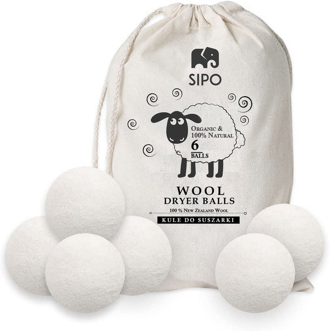 6x Boules de Séchage en Laine - 100% Laine Mérinos Biologique - Sac de Rangement Inclus - Adoucisseur de Tissu de Remplacement - Écologique & Économe en Énergie - Sipo