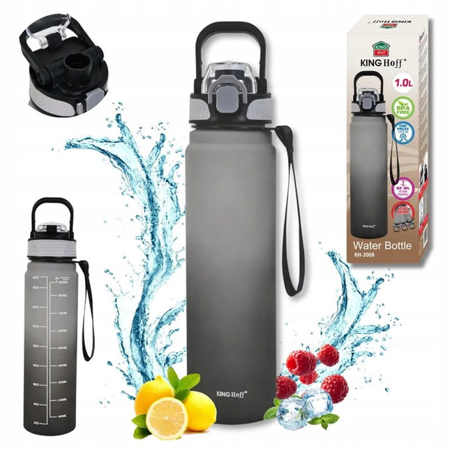 KINGHoff Bouteille d'eau 1L avec Verrou de Sécurité – Sans BPA & Anti-fuite – Bouteille de sport – Bouteille d'eau de motivation - gourde