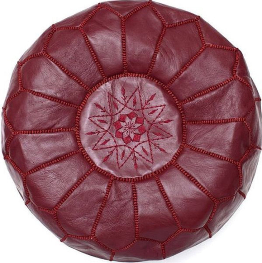 Marokkanischer Leder Pouf – Handgefertigt & Gefüllt Geliefert – Bordeauxrot – Ø 45 cm – Traditionelles geometrisches Muster – Multifunktionaler Fußhocker / Beistelltisch