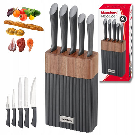 KLAUSBERG Set de Couteaux 6 Pièces – Bloc en Bois d'Acacia – Acier Inoxydable – Manches Antidérapants Gris – KB-7979
