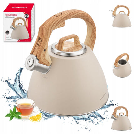 KLAUSBERG KB-7954 Bouilloire Sifflante 2,5 L – Beige Mat – Manche Aspect Bois – Acier Inoxydable – Soft-Touch – Induction
