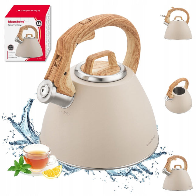 KLAUSBERG KB-7954 Bouilloire Sifflante 2,5 L – Beige Mat – Manche Aspect Bois – Acier Inoxydable – Soft-Touch – Induction