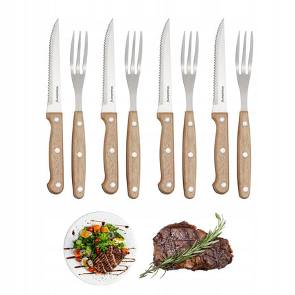 KLAUSBERG Ensemble Steak & Barbecue 8 pièces – 4 Couteaux à Steak + 4 Fourchettes – Lames en Acier Inoxydable – Manches en Bois – KB-7976