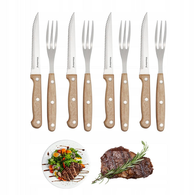 KLAUSBERG Ensemble Steak & Barbecue 8 pièces – 4 Couteaux à Steak + 4 Fourchettes – Lames en Acier Inoxydable – Manches en Bois – KB-7976