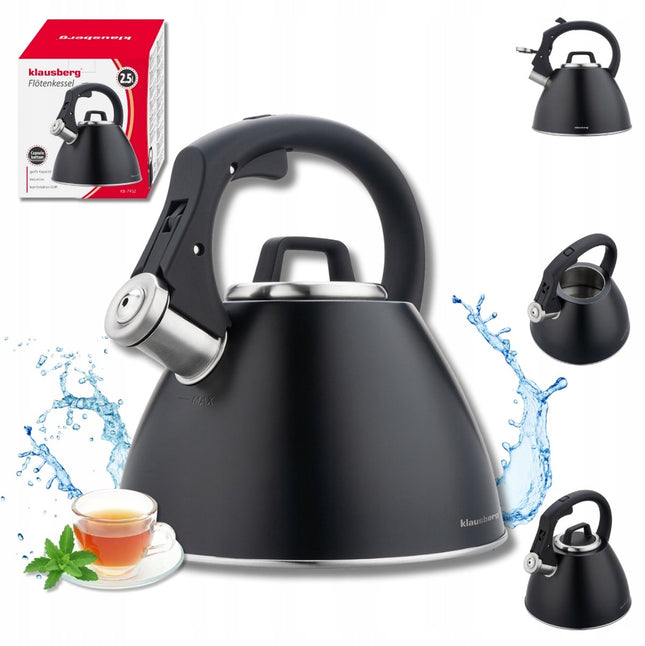 KLAUSBERG KB-7952 Bouilloire Sifflet 2,5 L – Noir Mat – Poignée Soft-Touch – Induction – Inox – Avec Sifflet