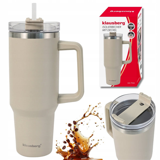 Klausberg KB-7944 Gobelet Thermique - 1100 ml - Beige Clair - Isolation Sous Vide Double Paroi - Avec Poignée et Bouchon - Tasse Isotherme - Gobelet Isotherme