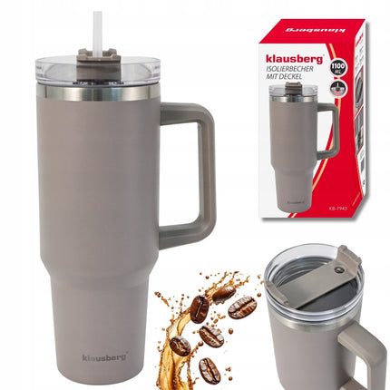 Klausberg KB-7943 Mug Thermique - 1100 ml - Beige - Isolation Double Paroi - Avec Poignée et Bouchon Buveur - Gobelet Thermique - Tasse Isotherme - Bouteille Thermos
