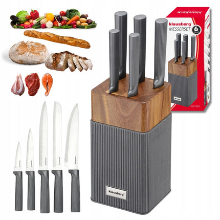 KLAUSBERG Set de 6 Couteaux avec bloc – Bloc en bois d'acacia – Couteaux de cuisine en acier inoxydable – Poignées en graphite – KB-7982