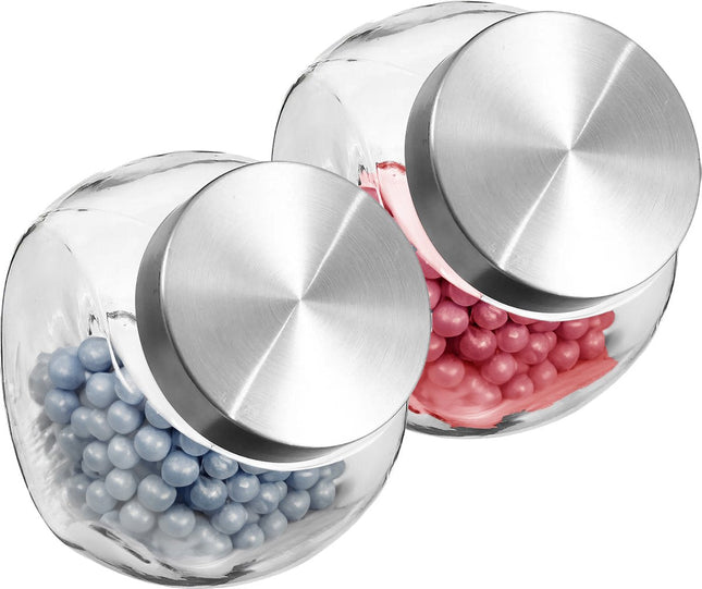 5Five Bocaux de rangement avec couvercle en inox - 2x - 1,5L - verre - pot à bonbons - conservation des aliments - fermeture hermétique
