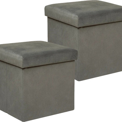 Atmosphera Pouf/tabouret/coffre de rangement Amber - 2x - Boîte de rangement pliante - velours Gris foncé - D38 x H38 cm - MDF/polyester