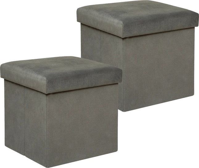 Atmosphera Pouf/tabouret/coffre de rangement Amber - 2x - Boîte de rangement pliante - velours Gris foncé - D38 x H38 cm - MDF/polyester