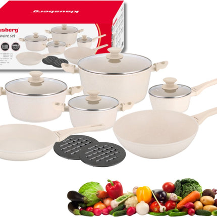 Klausberg KB-7959 Set de 12 casseroles Beige | Revêtement antiadhésif en marbre | Comprend une poêle et un wok | Compatible induction | Blanc crème