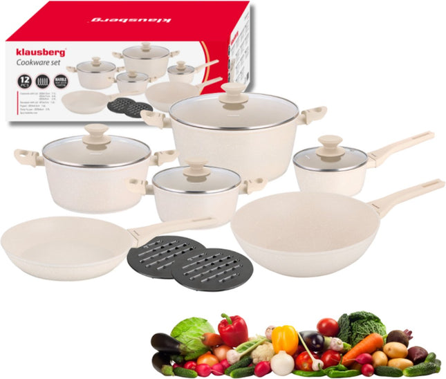 Klausberg KB-7959 Set de 12 casseroles Beige | Revêtement antiadhésif en marbre | Comprend une poêle et un wok | Compatible induction | Blanc crème