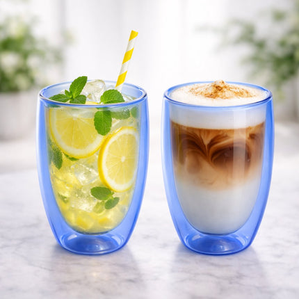 Lot de 2 Tasses à Double Paroi - 350 ml - Mug Isotherme pour Thé ou Café Sans Anse - Verre Double Paroi - Bleu