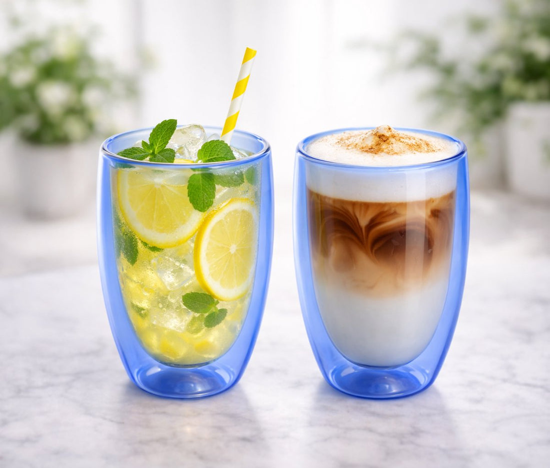 Double-Walled Glass Mugs Set of 2 - 350 ml - Insulated Tea or Coffee Mug Without Handle - Double-Walled Glass - Blue