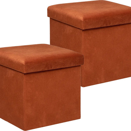 Atmosphera Pouf/tabouret/repose-pieds Amber - 2x - Boîte de rangement pliable - velours Terracotta - D38 x H38 cm - MDF/polyester