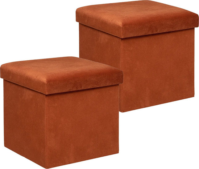 Atmosphera Pouf/tabouret/repose-pieds Amber - 2x - Boîte de rangement pliable - velours Terracotta - D38 x H38 cm - MDF/polyester