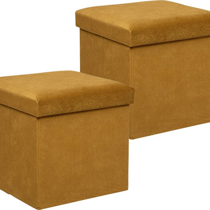 Atmosphera Pouf/tabouret/coffre de rangement pliable Amber - Lot de 2 - Velours Jaune Ocre - D38 x H38 cm - MDF/polyester