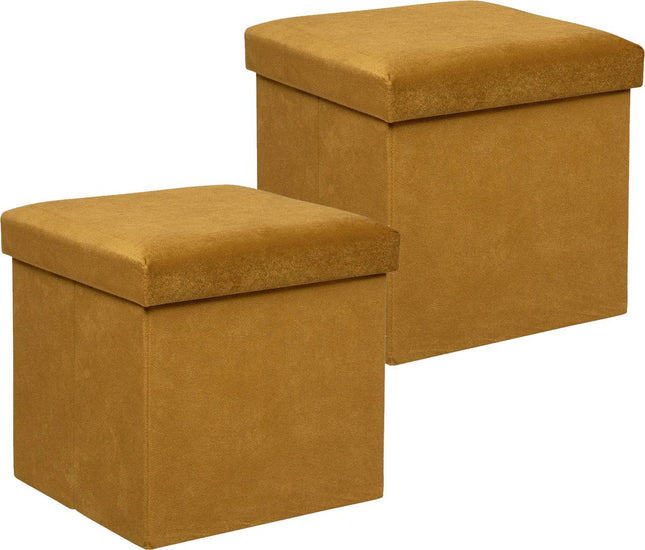 Atmosphera Pouf/tabouret/coffre de rangement pliable Amber - Lot de 2 - Velours Jaune Ocre - D38 x H38 cm - MDF/polyester