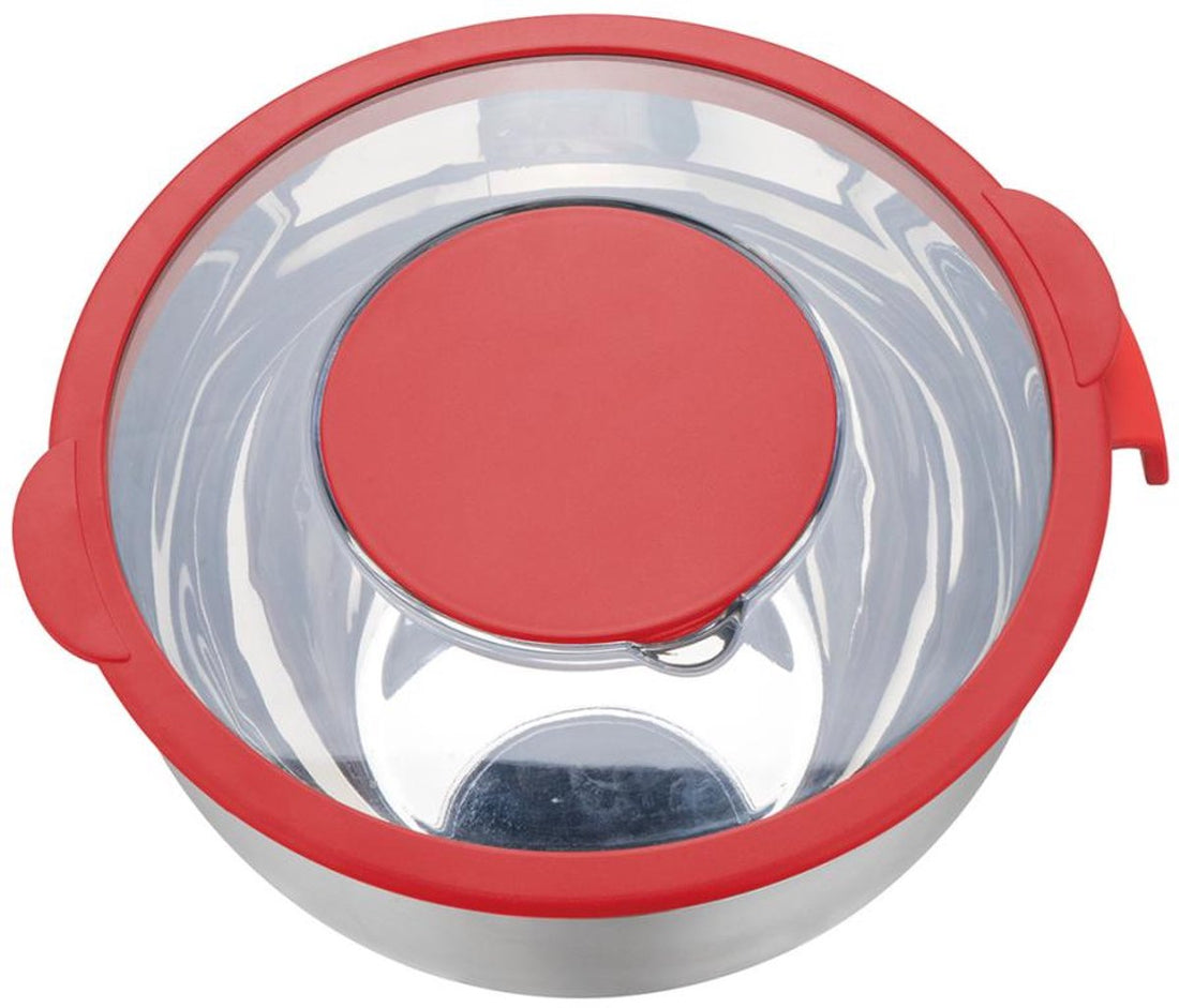 Edelstahl-Rührschüssel mit Deckel – Multifunktional (5 l, Rot) – Inklusive 3 Reibeinsätzen, Messskala und rutschfestem Boden – Zum Rühren, Raspeln und Aufbewahren