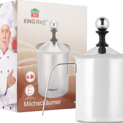 Kinghoff® - Mousseur à lait manuel - Inox - 800 ml - Lavable au lave-vaisselle - Barista - Pot à lait - Fond résistant à la chaleur - Induction