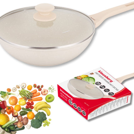 Klausberg Wok 28 cm avec Couvercle – Revêtement Marbre – Compatible Induction – Sauteuse Profonde 3.9L – Crème – KB-7991
