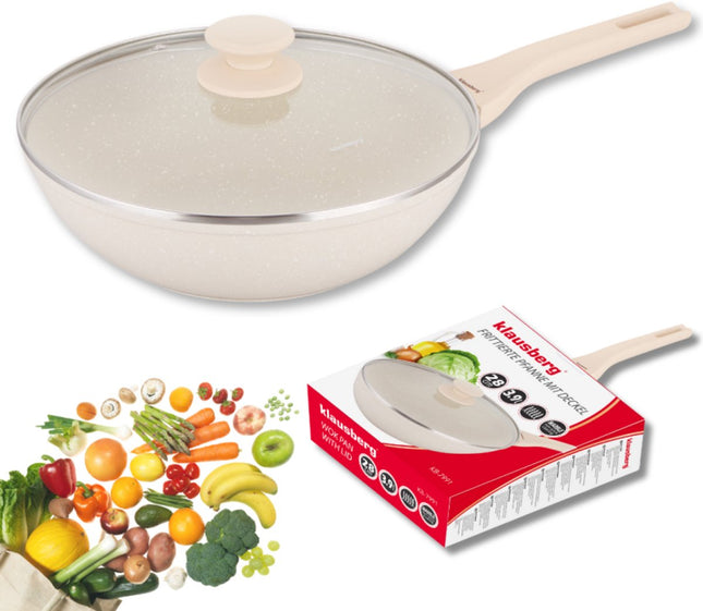 Klausberg Wok 28 cm avec Couvercle – Revêtement Marbre – Compatible Induction – Sauteuse Profonde 3.9L – Crème – KB-7991