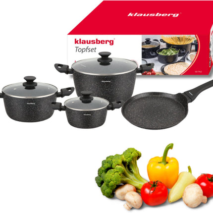 Klausberg KB-7962 Set de casseroles 7 pièces Noir | Revêtement antiadhésif en marbre | Crêpière incluse | Convient pour l'induction