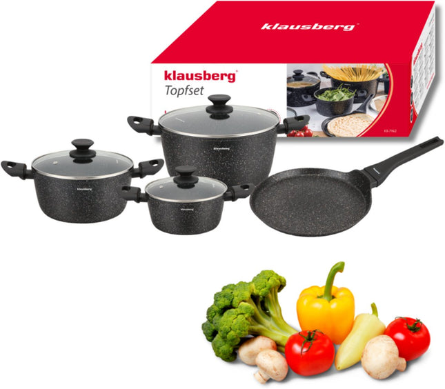 Klausberg KB-7962 Set de casseroles 7 pièces Noir | Revêtement antiadhésif en marbre | Crêpière incluse | Convient pour l'induction