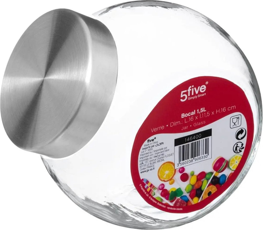 5Five Storage jar with stainless steel lid - 2x - 1.5L - glass - candy jar - food storage - airtight seal