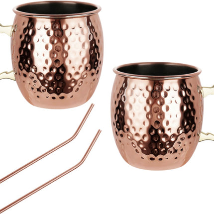 KINGHoff Moscow Mule Set de Mugs – 2 Mugs en Cuivre 500 ml + 2 Pailles en Métal – Intérieur en Acier Inoxydable – Design Martelé – Idéal pour Cocktails et Boissons Glacées
