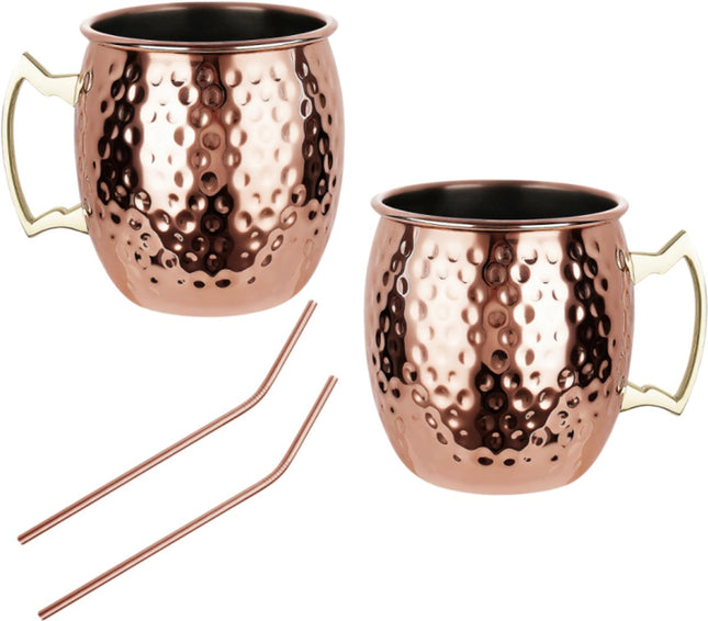 KINGHoff Moscow Mule Set de Mugs – 2 Mugs en Cuivre 500 ml + 2 Pailles en Métal – Intérieur en Acier Inoxydable – Design Martelé – Idéal pour Cocktails et Boissons Glacées