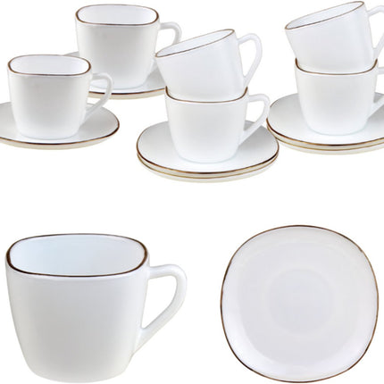 KingHoff Service à Café 12 pièces Carré - Tasses à Café en Verre Opale Blanc avec Bord Doré - 220 ml - Design Moderne - Service à Café et Sous-tasses