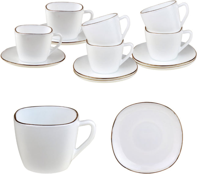 KingHoff Service à Café 12 pièces Carré - Tasses à Café en Verre Opale Blanc avec Bord Doré - 220 ml - Design Moderne - Service à Café et Sous-tasses