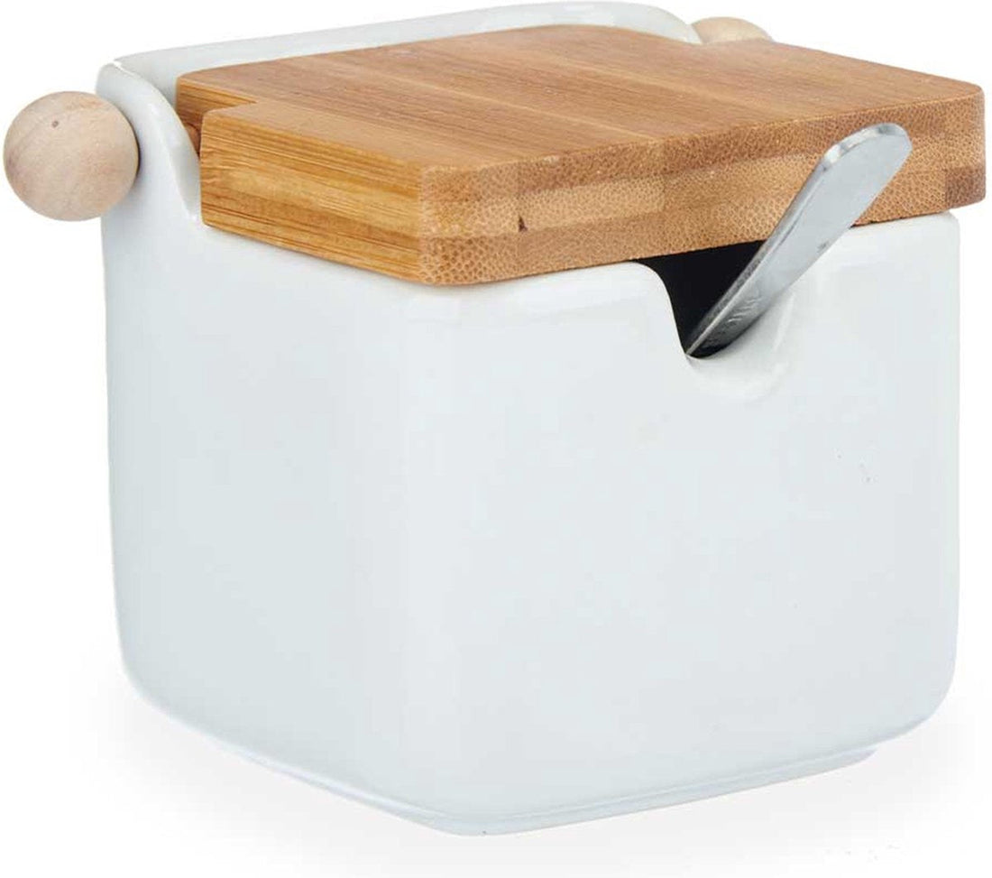Kinvara Zuckerdose mit Deckel - weiß - 190 ml - Porzellan - Bambus - 7,5 x 11 x 7,5 cm