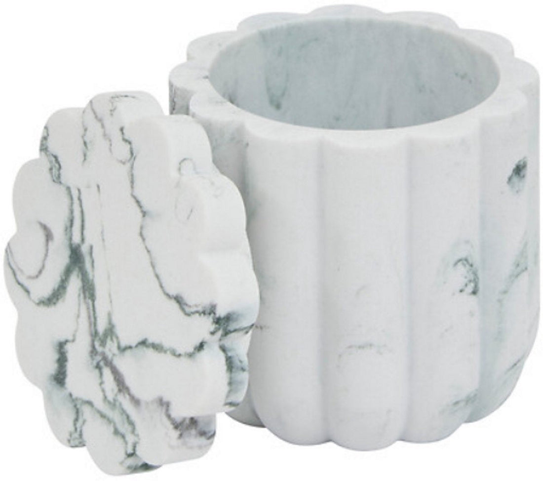 Marby Wattenschijfjeshouder Wit - Marmerlook - Polyresin - Diameter 9, 1 cm x Hoogte 9, 6 cm - Wattenhouder