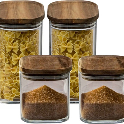 Secret de Gourmet - Boîtes/pots de conservation cuisine verre/bois lot de 4 pièces