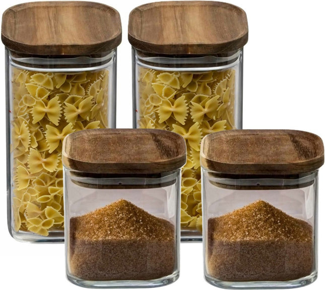 Secret de Gourmet - Boîtes/pots de conservation cuisine verre/bois lot de 4 pièces