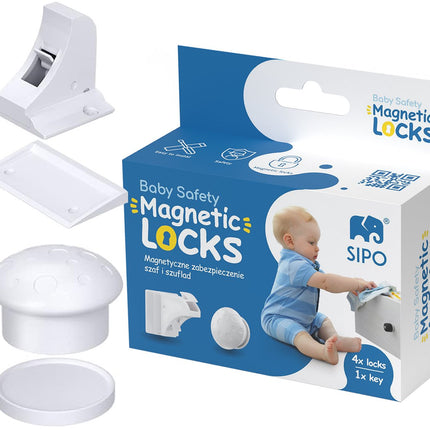 SIPO Système de verrouillage magnétique pour placards - Blocage invisible, lot de 4 - Avec clé magnétique - SBS-M4 - Verrou de tiroir - Serrures de sécurité pour enfants -