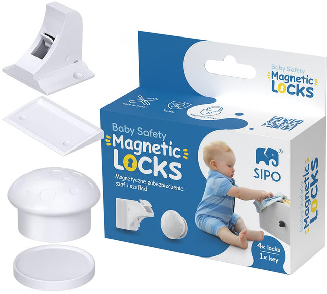 SIPO Système de verrouillage magnétique pour placards - Blocage invisible, lot de 4 - Avec clé magnétique - SBS-M4 - Verrou de tiroir - Serrures de sécurité pour enfants -
