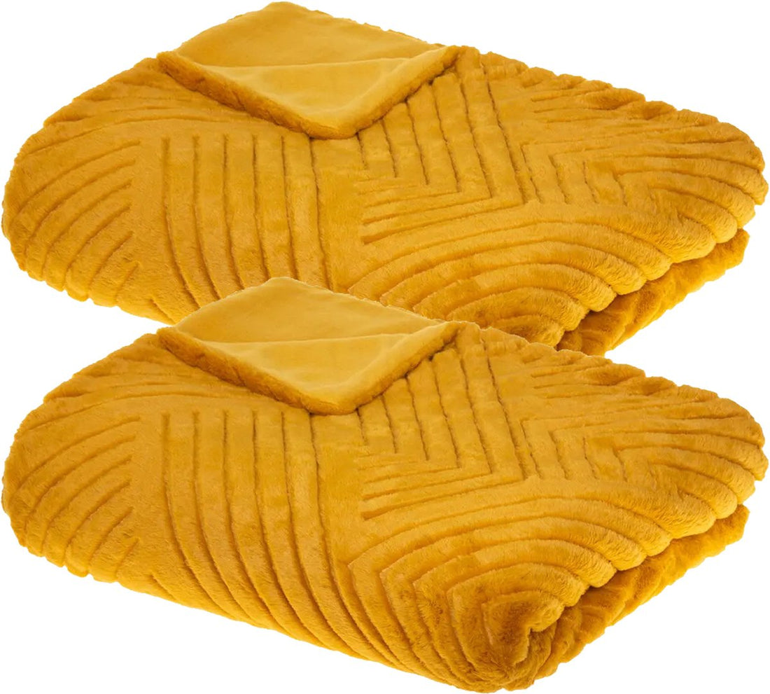 Atmosphera Throw/sofa blanket Amiens - 2x - ochre yellow - 180 x 230 cm - polyester fleece - striped pattern - bedspread