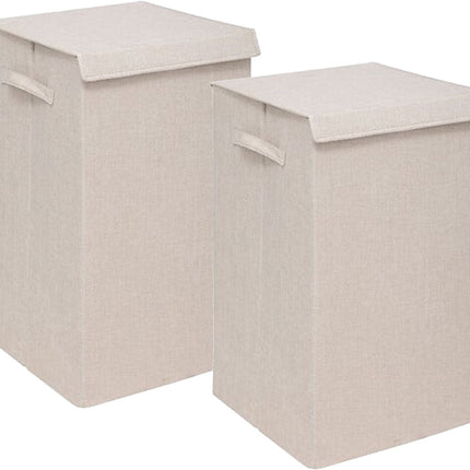 5Five Eureka panier à linge à trier - 2x - 74 litres - beige - 37 x 37 x 60 cm - MDF/Tissu polyester - avec couvercle à rabat