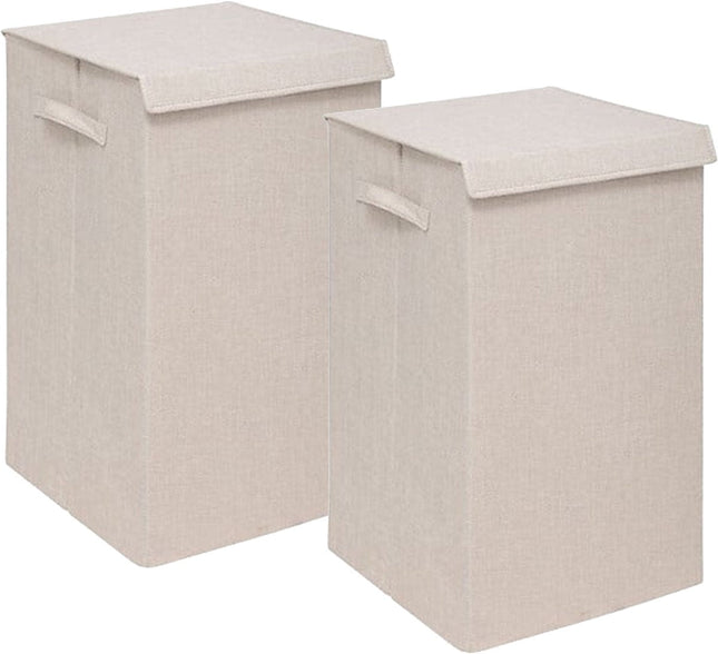 5Five Eureka panier à linge à trier - 2x - 74 litres - beige - 37 x 37 x 60 cm - MDF/Tissu polyester - avec couvercle à rabat