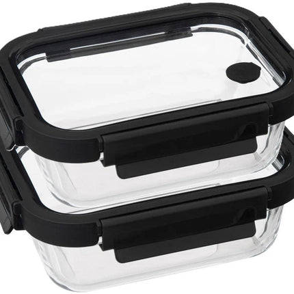 5Five Boîte de conservation avec couvercle - 2x - verre - hermétique - avec clips - 19 x 14 x 7 cm - 500 ml - noir/transparent