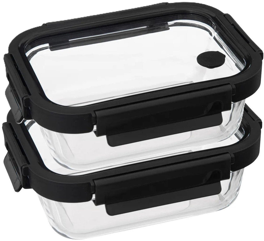 5Five Frischhaltedose mit Deckel - 2er-Set - Glas - luftdicht - mit Clips - 19 x 14 x 7 cm - 500 ml - schwarz / transparent