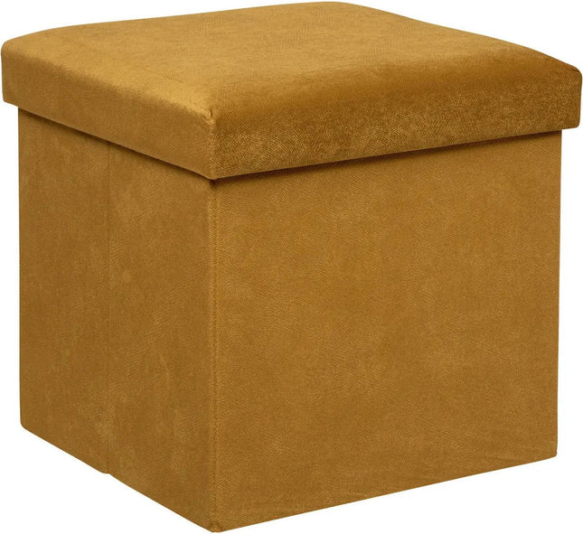 Atmosphera Pouf/tabouret/coffre de rangement pliable Amber - Velours Jaune Ocre - D38 x H38 cm - MDF/polyester
