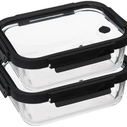 5Five Boîte de conservation avec couvercle - 2x - verre - hermétique - avec clips - 23 x 18 x 8 cm - 1300 ml - noir/transparent