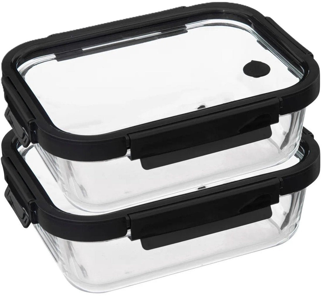 5Five Vershoudbakje met deksel - 2x - glas - luchtdicht - met clips - 23 x 18 x 8 cm - 1300 ml - zwart / transparant